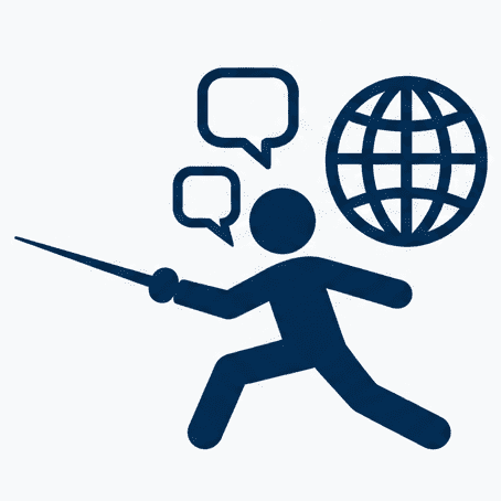 Symbol einer Person mit Schwert, Sprechblasen und einer Weltkugel, die Kommunikation und Interaktion darstellt.