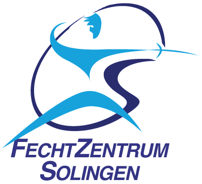 Logo des Fechtzentrums Solingen mit abstrakter Darstellung eines Fechters in Blau und Schwarz.