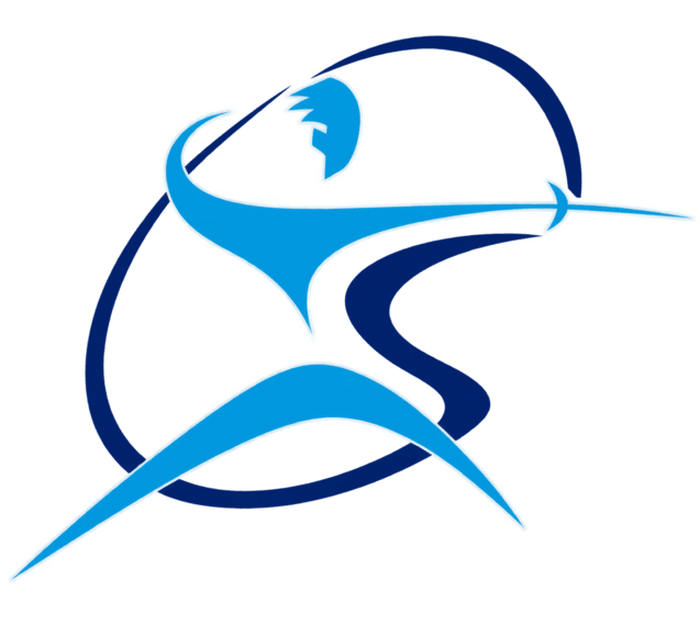 Blaues stilisiertes Logo einer tanzenden Figur mit geschwungenen Linien und dynamischer Form.