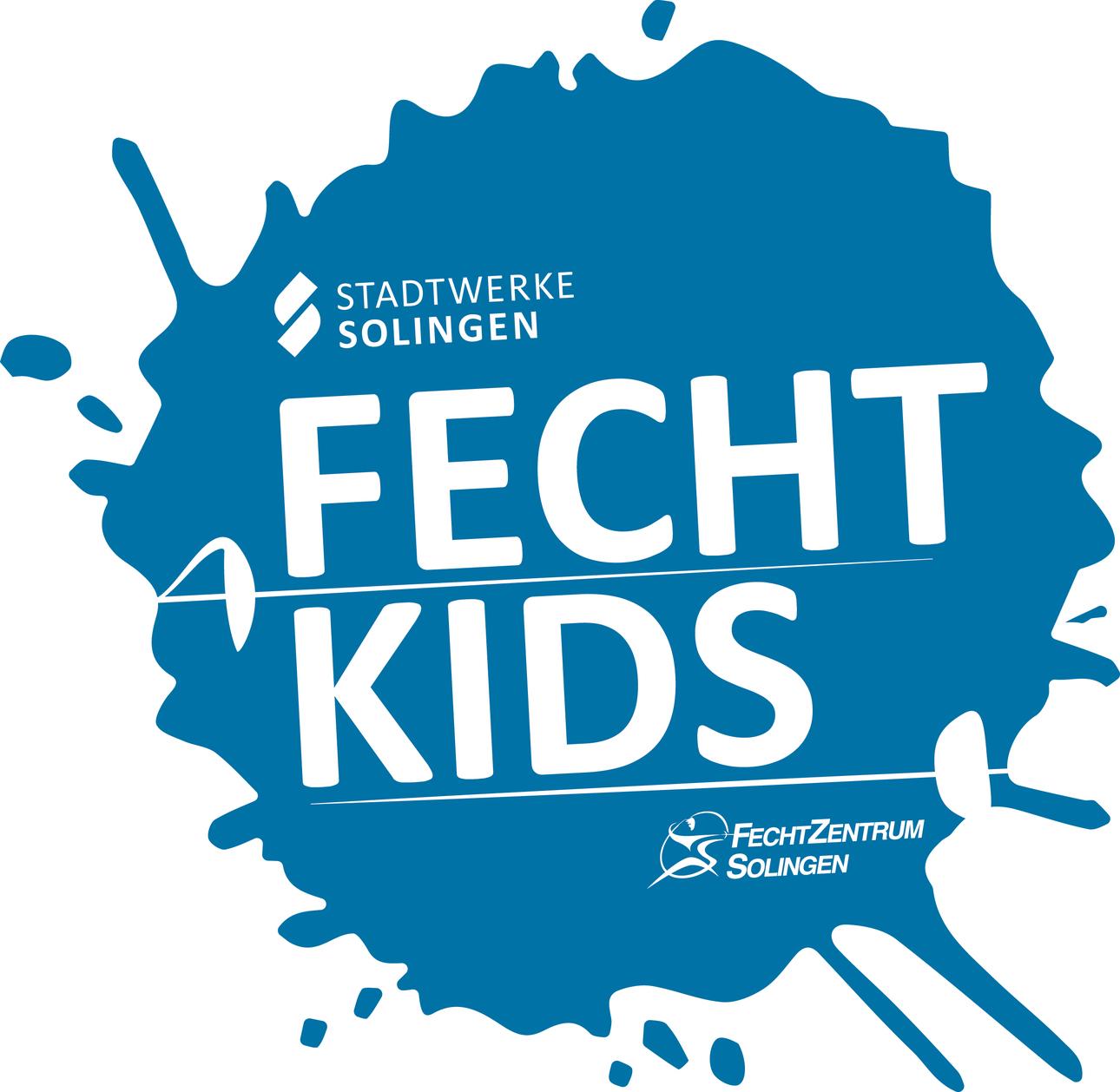 Logo der Stadtwerke Solingen f&uuml;r das Programm "FechtKids", mit stilisierten Fechtger&auml;ten und blauem Farbklecks.