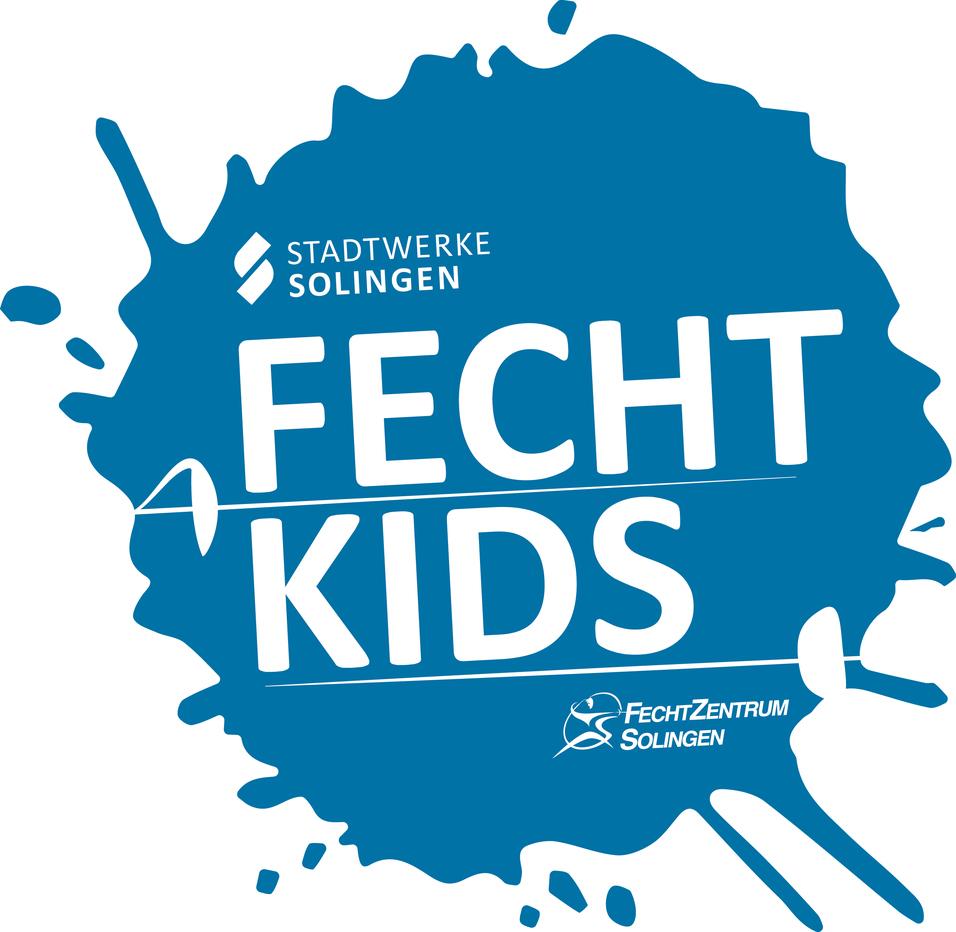 Logo der Stadtwerke Solingen für das Programm "FechtKids", mit stilisierten Fechtgeräten und blauem Farbklecks.