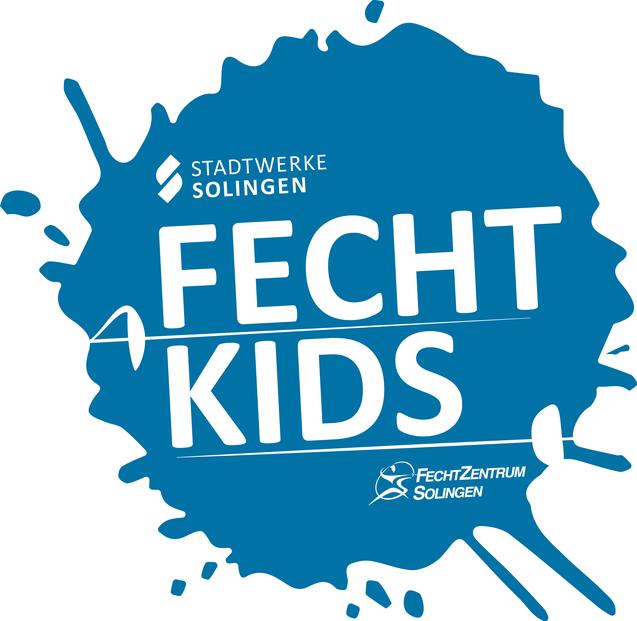 Logo der Stadtwerke Solingen für das Programm "FechtKids", mit stilisierten Fechtgeräten und blauem Farbklecks.