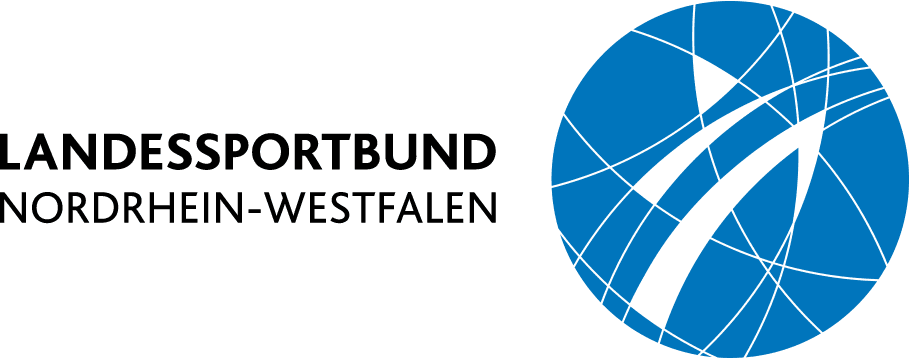 Logo des Landessportbundes Nordrhein-Westfalen in Blau und Schwarz, bestehend aus geometrischen Linien und Schriftzug.