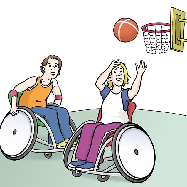 Zwei Personen im Rollstuhl spielen Basketball, einer wirft den Ball auf den Korb.