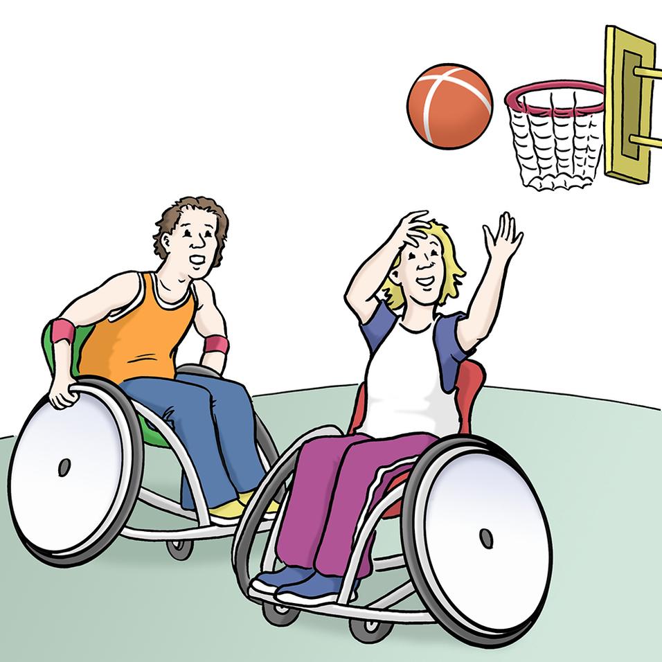 Zwei Personen im Rollstuhl spielen Basketball, einer wirft den Ball auf den Korb.