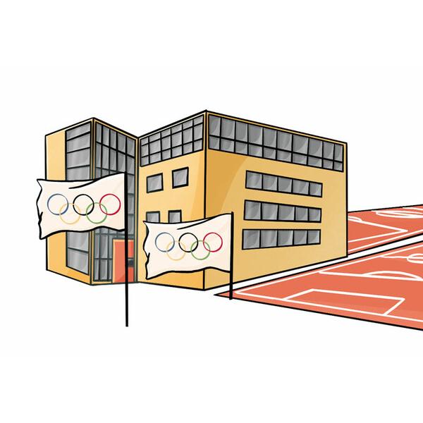 Illustration eines modernen Gebäudes mit olympischen Fahnen und einem roten Sportplatz im Vordergrund.