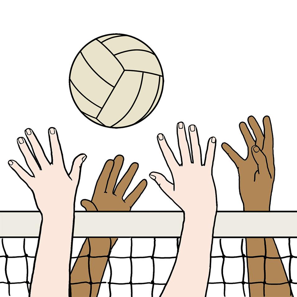 Hände verschiedener Hauttöne heben sich, um einen Volleyball über ein Netz zu erreichen.
