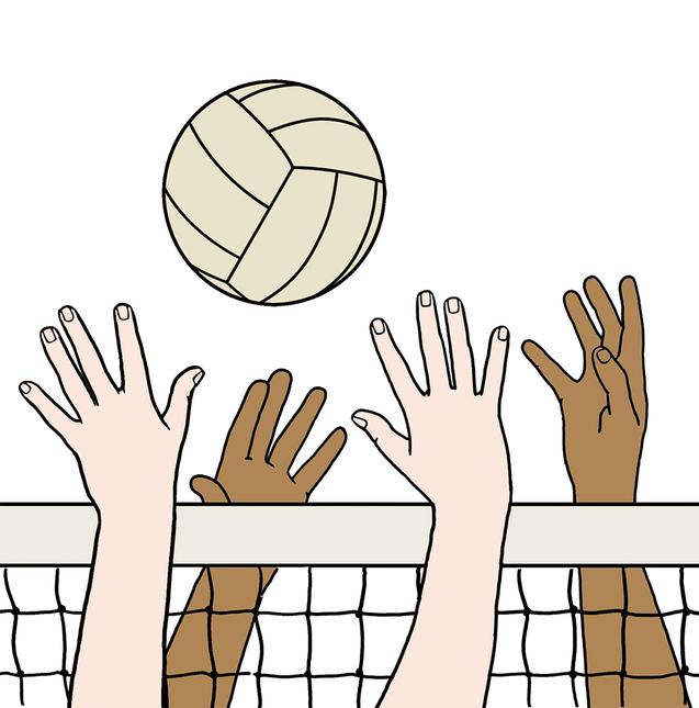 H&auml;nde verschiedener Hautt&ouml;ne heben sich, um einen Volleyball &uuml;ber ein Netz zu erreichen.