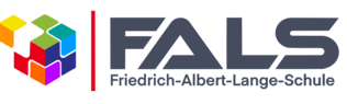 Logo von FALS in Blau und Rot mit einem bunten 3D-W&uuml;rfel auf der linken Seite.