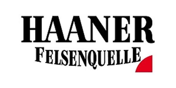 Logo der Marke Haaner Felsenquelle in schwarzer Schrift mit rotem Element auf weißem Hintergrund.