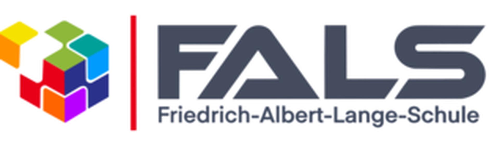 Logo der Friedrich-Albert-Lange-Schule mit bunten, stilisierten W&uuml;rfeln und dem Schriftzug &bdquo;FALS&ldquo;.