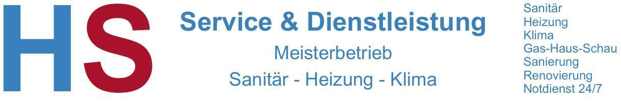 Logo von HS Service & Dienstleistung, Meisterbetrieb f&uuml;r Sanit&auml;r, Heizung und Klima, mit Kontaktinformationen und Notdienst.