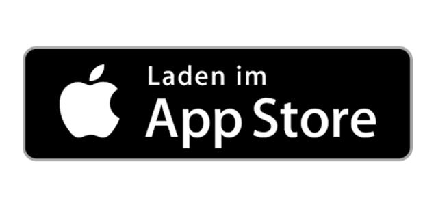 Grafik mit schwarzem Hintergrund, weißen Buchstaben und Apple-Logo. Text: „Laden im App Store“.